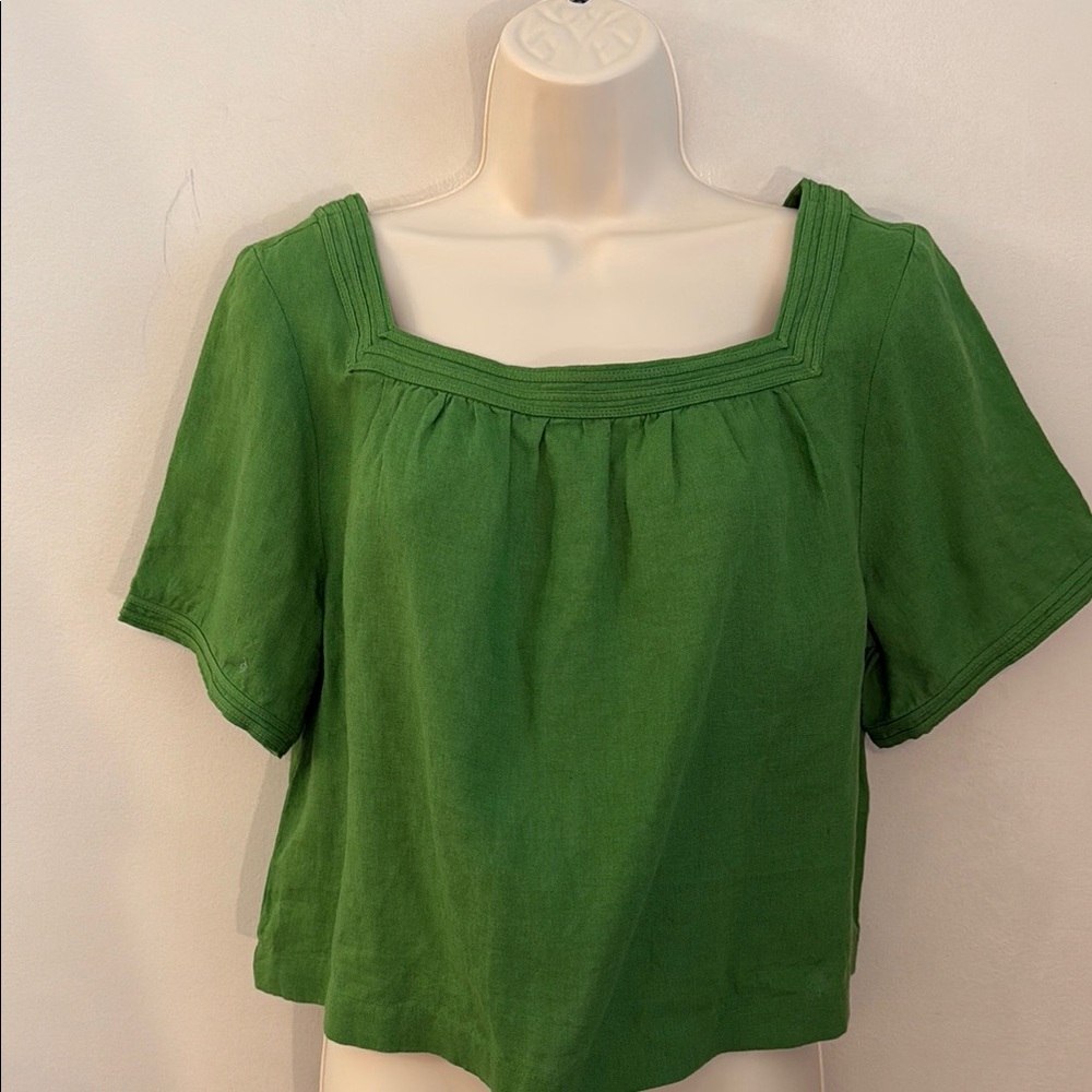J. Crew Sailor Square-Neck Short Sleeve Blouse Green Linen Peasant